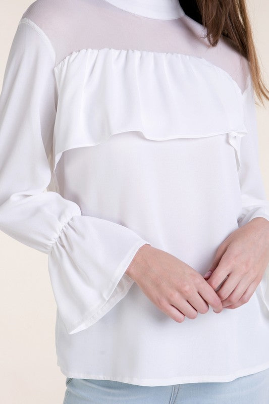 High Neck Ruffled Front Chiffon Top