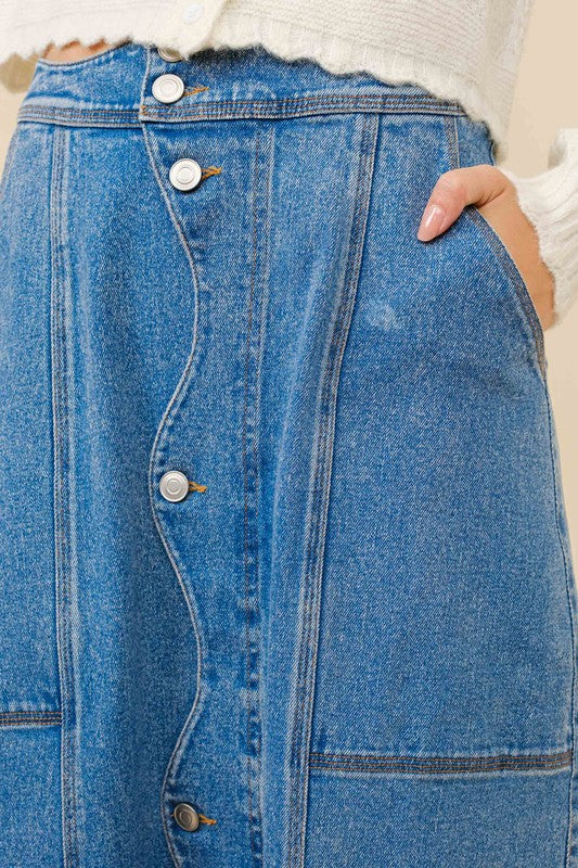 Wavy Placket Denim Maxi Skirt