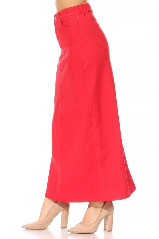 Stretch Twill Basic 5 Pocket Red Long Skirt