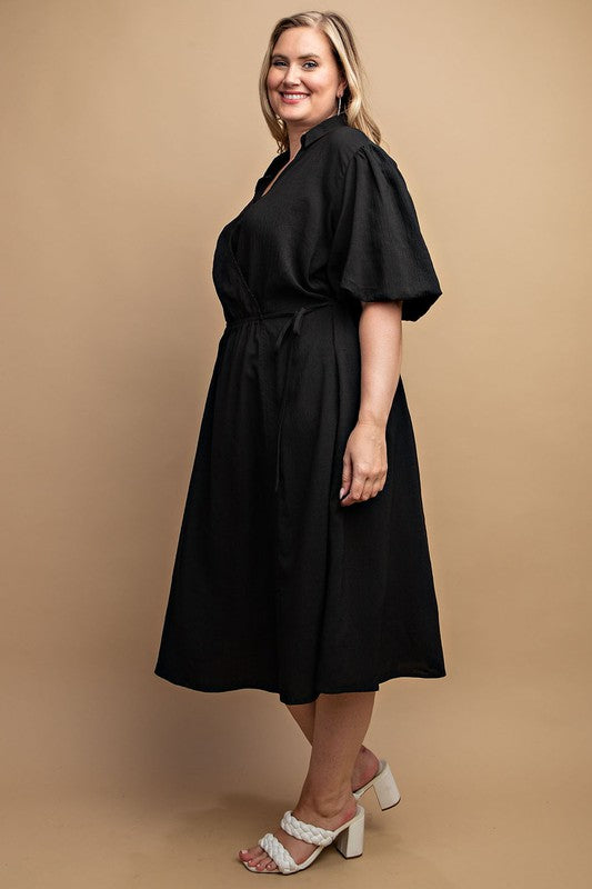 Textured Woven and Elastic Waist Midi Dress Plus Size (FINAL SALE NO RETURN OR EXCHANGES)
