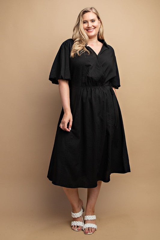 Textured Woven and Elastic Waist Midi Dress Plus Size (FINAL SALE NO RETURN OR EXCHANGES)