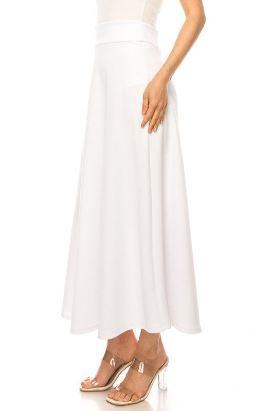 Solid, high waisted, A-line, midi skirt