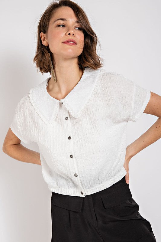 Peter Pan Collar Textured Knit Button Down Top