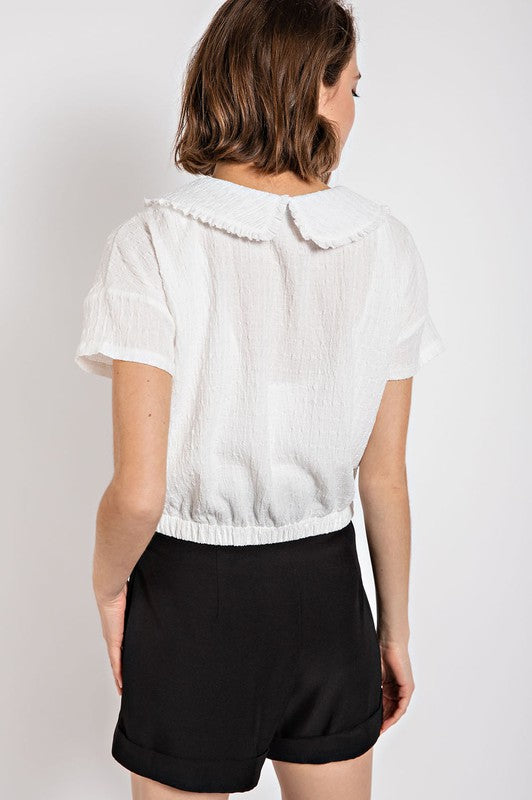 Peter Pan Collar Textured Knit Button Down Top
