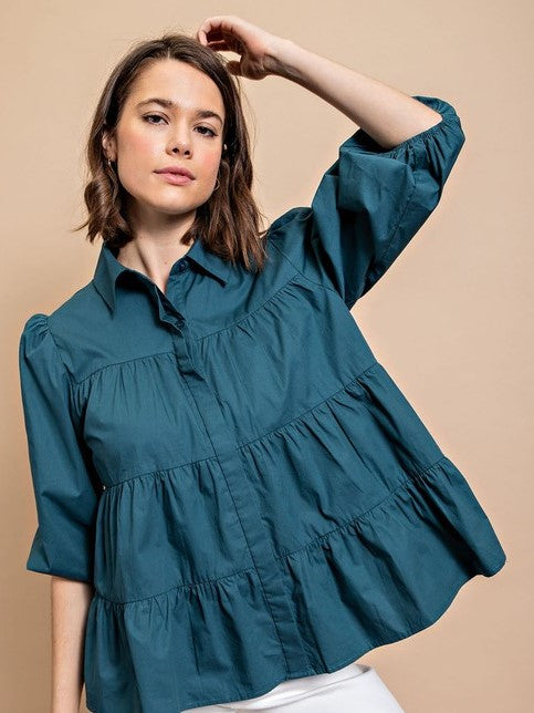 Poplin Tierd Button Down Blouse