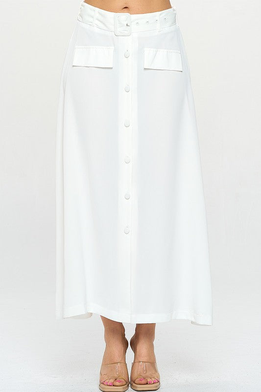 Solid Belted Long Skirt With Button Closure