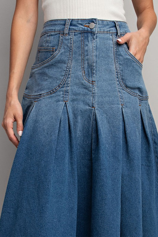 MINERAL WASHED PLEATED DENIM MIDI SKIRT