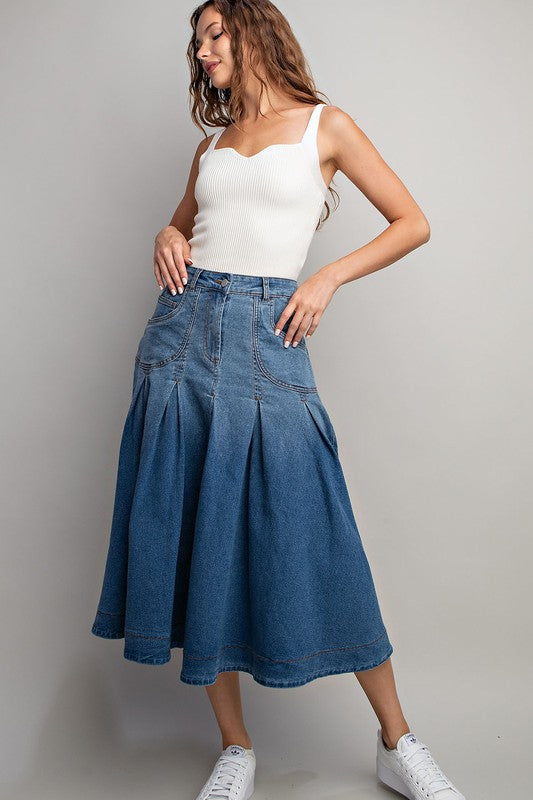 MINERAL WASHED PLEATED DENIM MIDI SKIRT