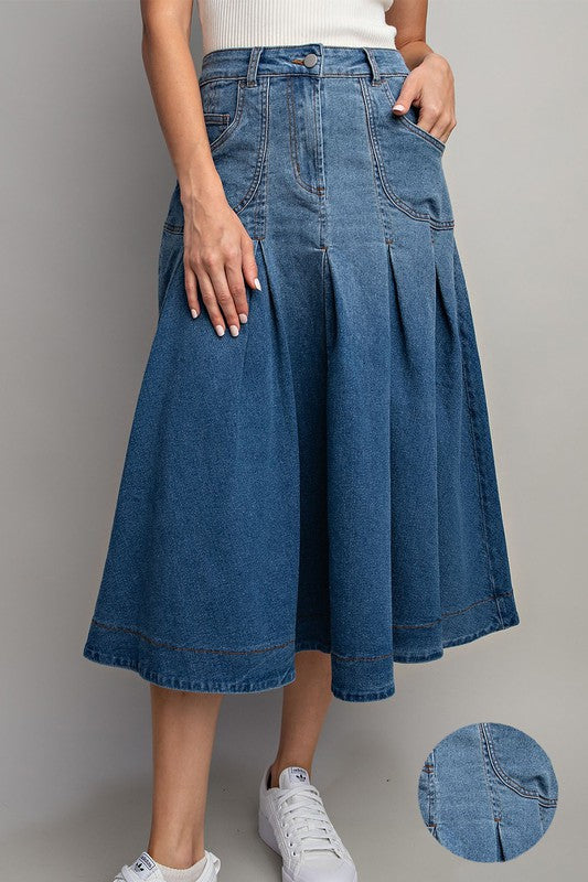 MINERAL WASHED PLEATED DENIM MIDI SKIRT