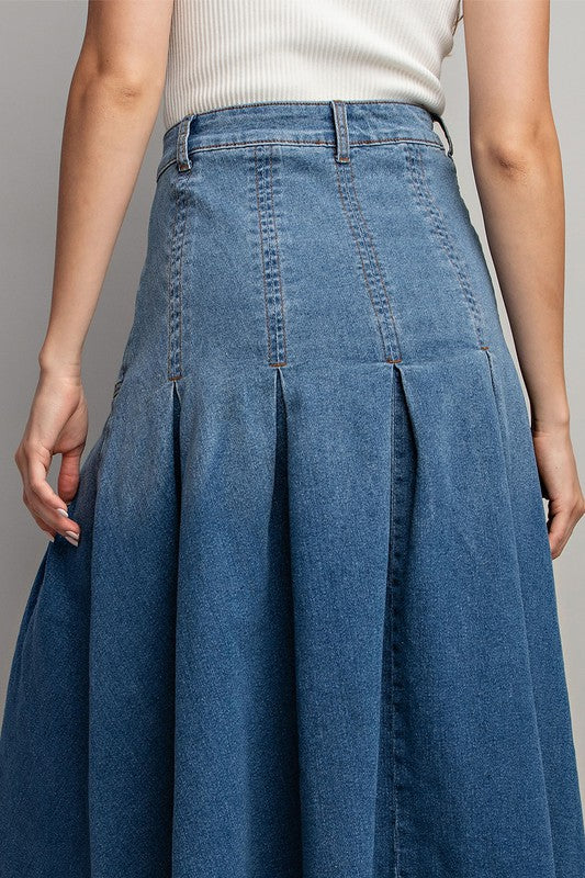 MINERAL WASHED PLEATED DENIM MIDI SKIRT