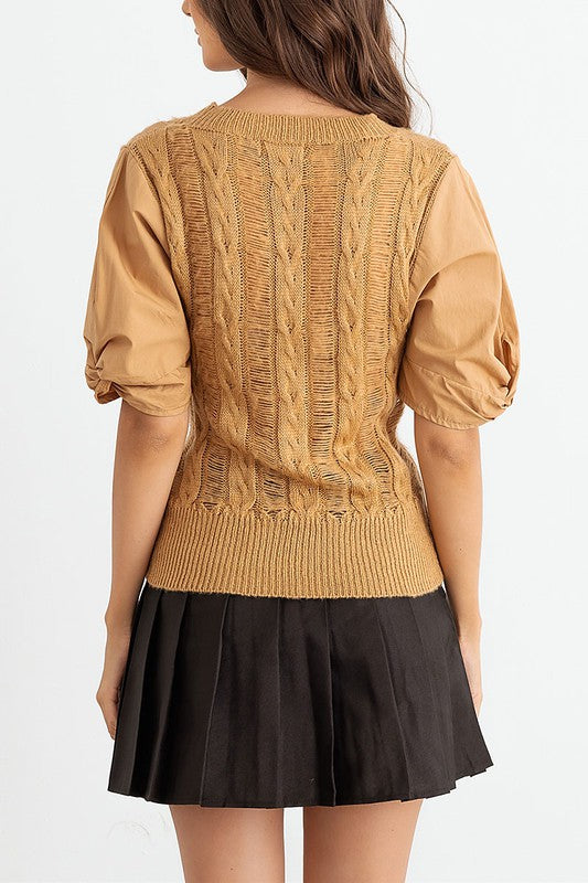 DISTRESSED CABLE PUFF SLEEVE TOP