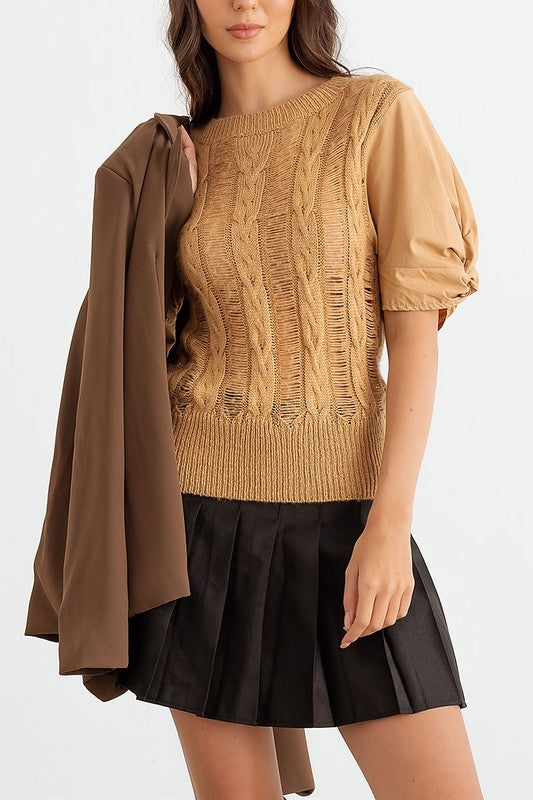 DISTRESSED CABLE PUFF SLEEVE TOP
