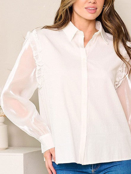 OFF WHITE LONG SHEER SLEEVES BUTTON UP RUFFLE BLOUSE TOP