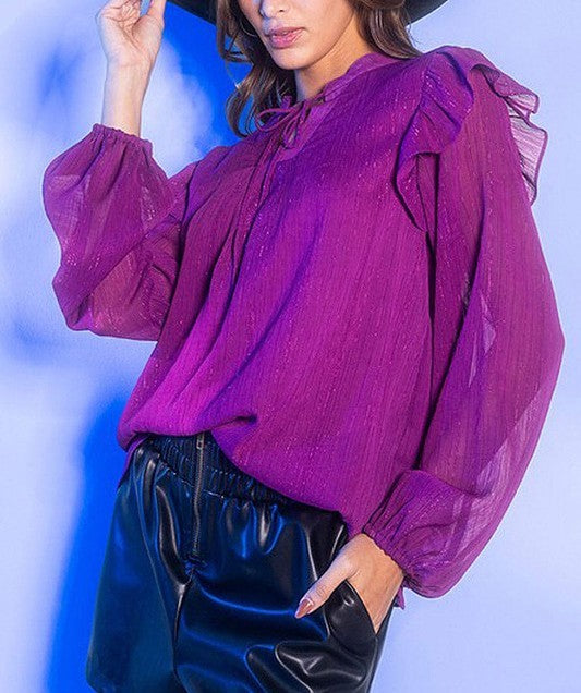 LONG SLEEVE RUFFLE SHIMMER BLOUSE TOP