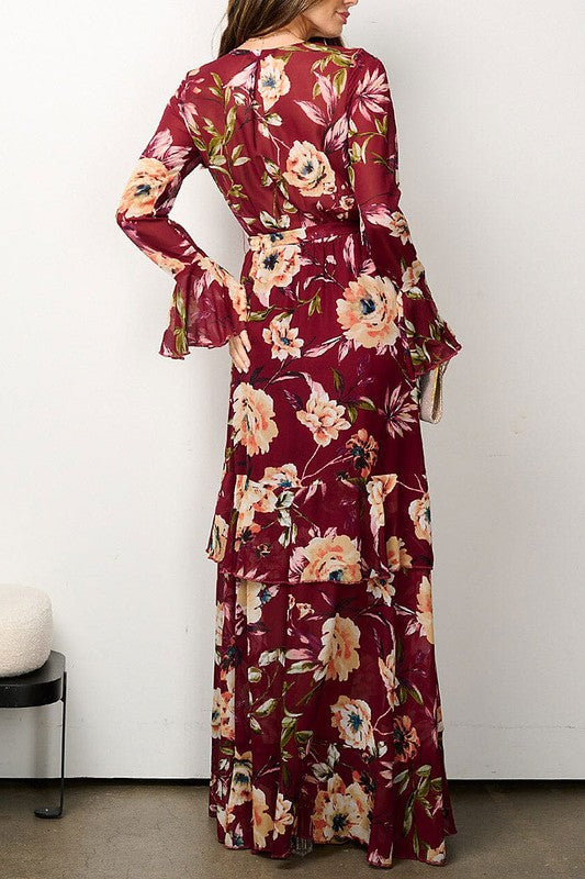 LONG SLEEVE ELASTIC WAIST V-NECK FLORAL MAXI DRESS (FINAL SALE NO RETURN OR EXCHANGES)