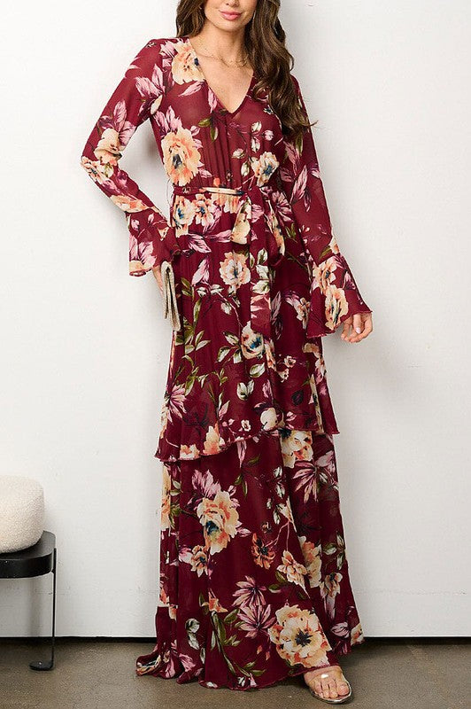 LONG SLEEVE ELASTIC WAIST V-NECK FLORAL MAXI DRESS (FINAL SALE NO RETURN OR EXCHANGES)