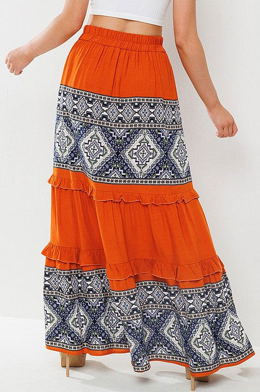 ELASTIC WAIST TIERED MULTI PRINT MAXI SKIRT
