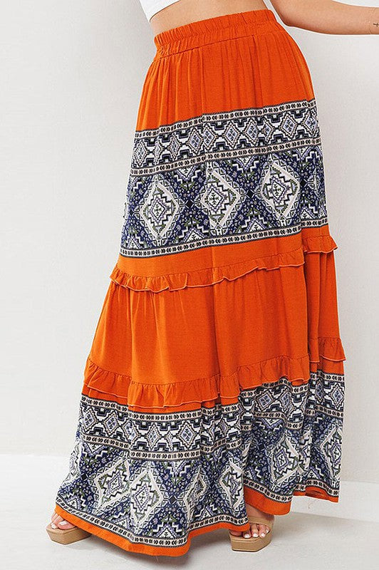 ELASTIC WAIST TIERED MULTI PRINT MAXI SKIRT
