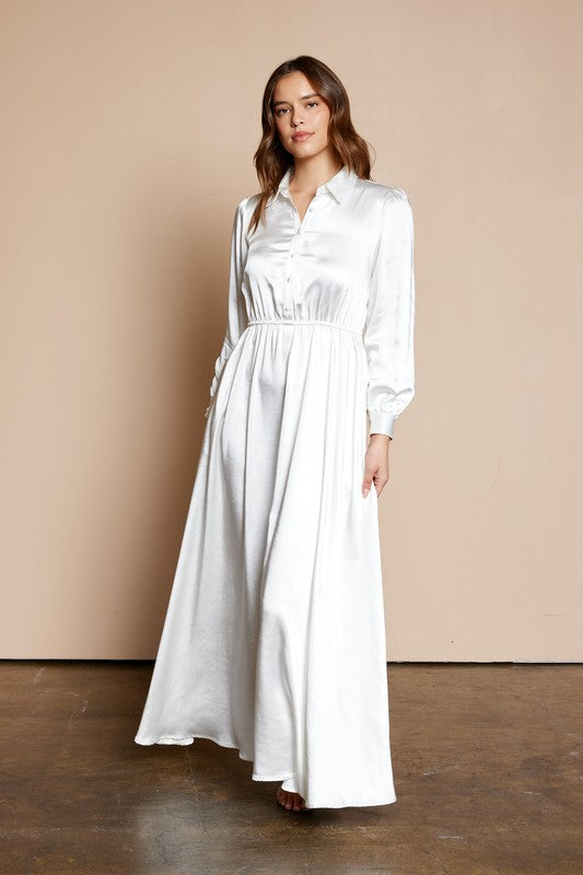 White Dull Satin Button Down Dress Plus Size available