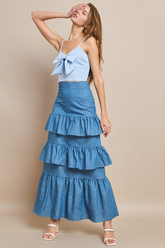 Denim Zipper Ruffled Maxi Fancy Skirt