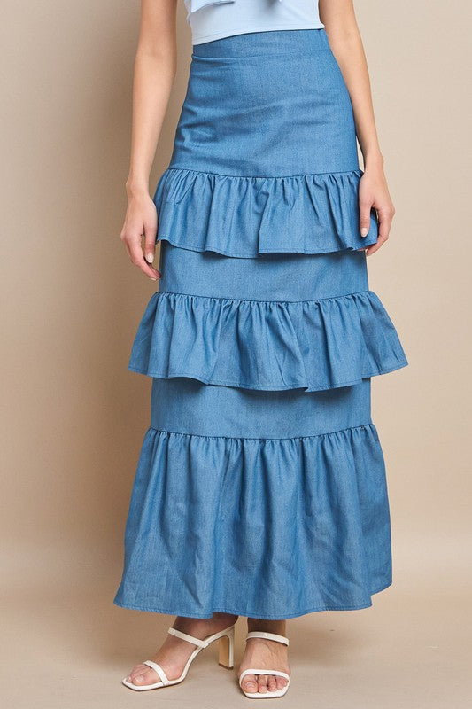 Denim Zipper Ruffled Maxi Fancy Skirt