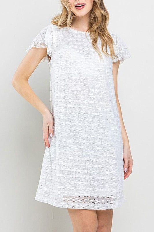 SHORT RUFFLE SLEEVE LACE DETAILED TUNIC MINI DRESS