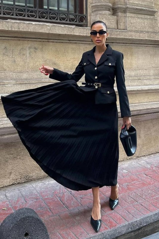 suit dress with pleated skirt Main Character Black & White Mini Blazer Dress | Plunging V neck Pleated Mini Dress | Suit Coat Dress