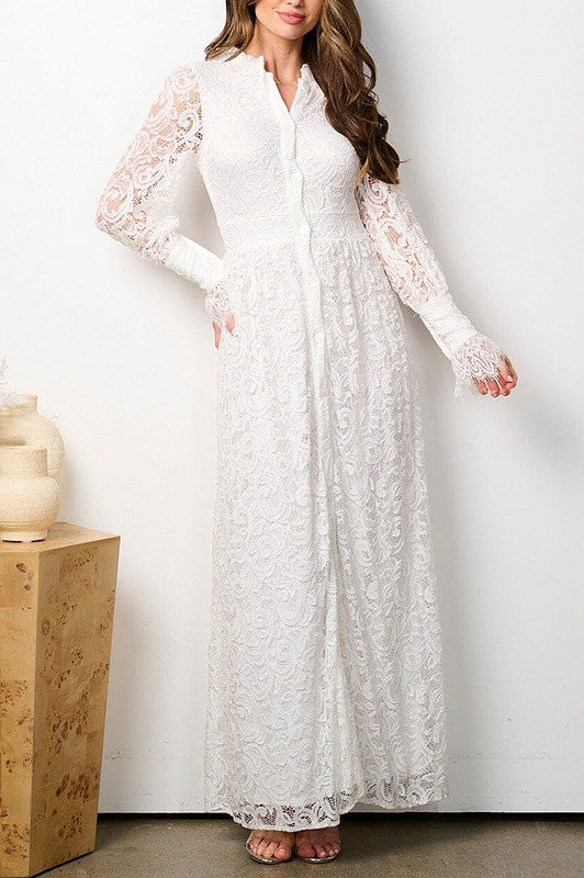 LONG SLEEVE BUTTON UP ALL OVER LACE MAXI DRESS