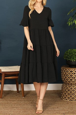 BELL SLEEVE V-NECK TIERED SOLID DRESS