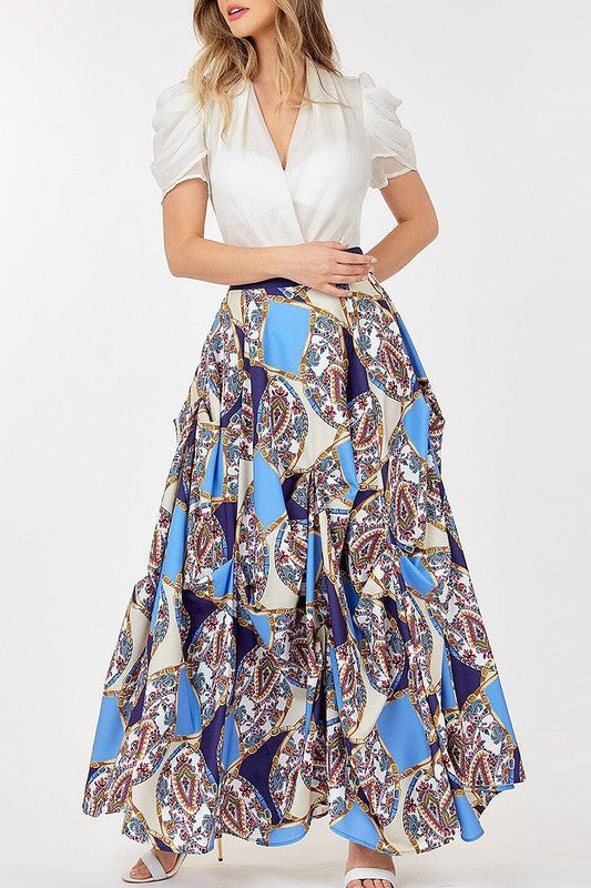 MULTI PRINT ELASTIC WAIST DETAIL MAXI SKIRT