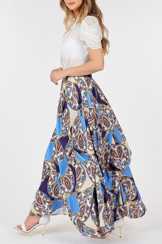 MULTI PRINT ELASTIC WAIST DETAIL MAXI SKIRT