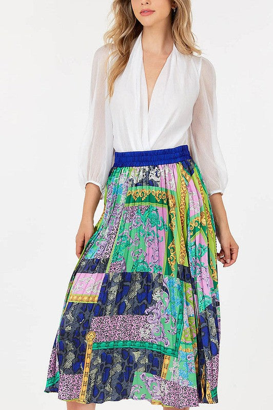 MULTI PRINT ELASTIC WAIST PLEATED MIDI SKIRT