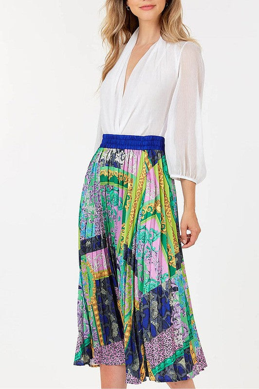 MULTI PRINT ELASTIC WAIST PLEATED MIDI SKIRT