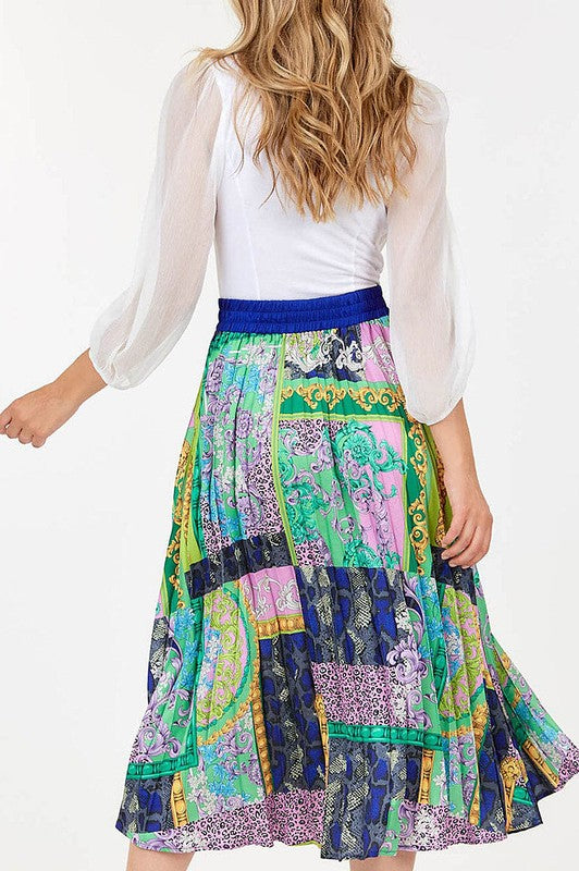 MULTI PRINT ELASTIC WAIST PLEATED MIDI SKIRT