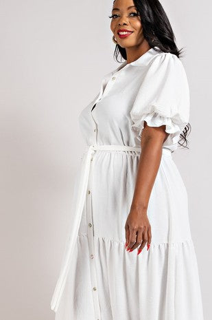 PLUS SIZE BUTTON DOWN MAXI SHIRT DRESS TIERED HEM