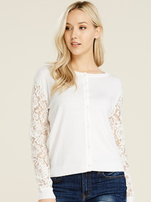 Off White Lace Detailed Knit Cardigan