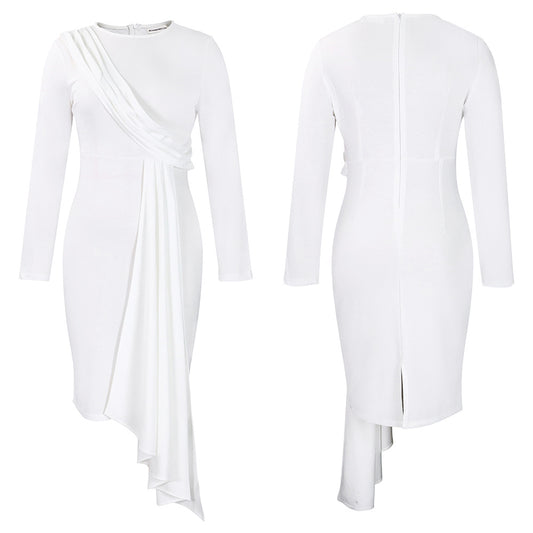 ELEGANT SOLID COLOR LONG SLEEVE PENCIL DRESS