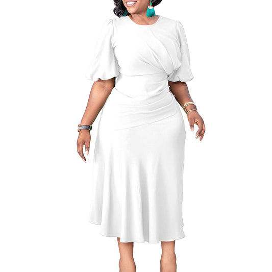 SOLID COLOR SHORT SLEEVE ROUND NECK DRESS