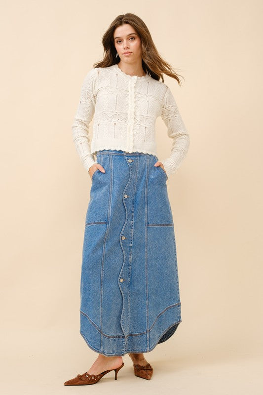 Wavy Placket Denim Maxi Skirt