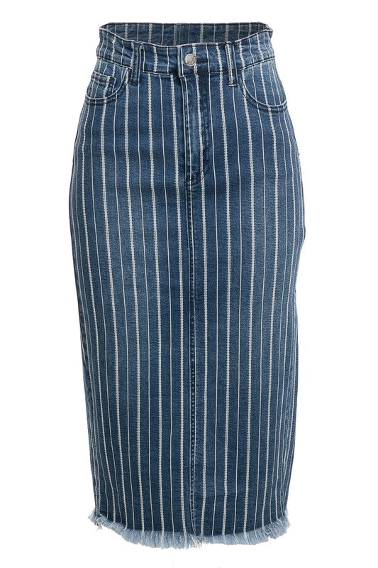 STRIPED DENIM BACK SLIT PENCIL SKIRT (FINAL SALE NO RETURN OR EXCHANGES)
