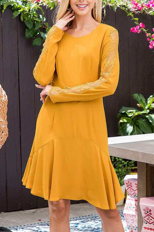 LACE TRIMMED SLEEVE FLARE DRESS FINAL SALE NO RETURNS OR EXCHANGES