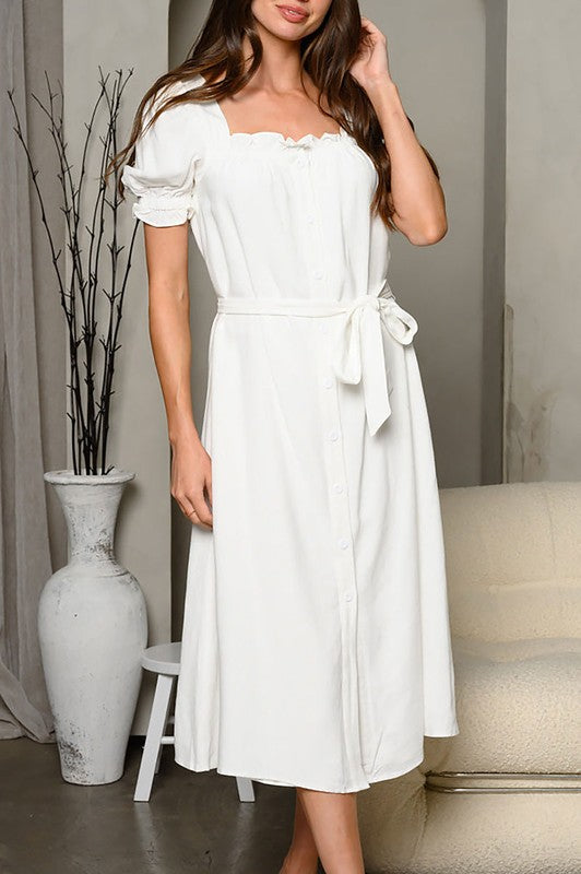 SHORT SLEEVE BUTTON UP SELF TIE MIDI DRESS FINAL SALE NO RETURNS OR EXCHANGES