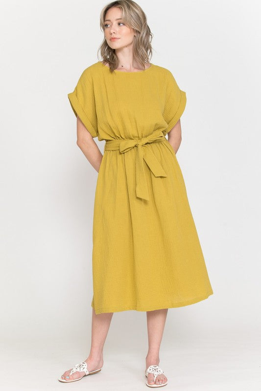 BOAT NECK SHORT SLEEVE MIDI DRESS WITH TIE FINAL SALE NO RETURN OR EXCHANGES