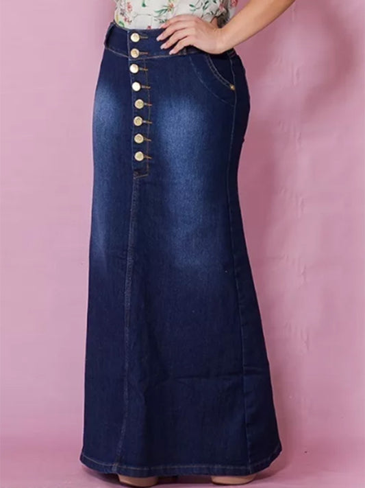 BUTTON FRONT SPLIT BACK POCKET FISHTAIL DENIM SKIRT (FINAL SALE NO RETURN OR EXCHANGES)
