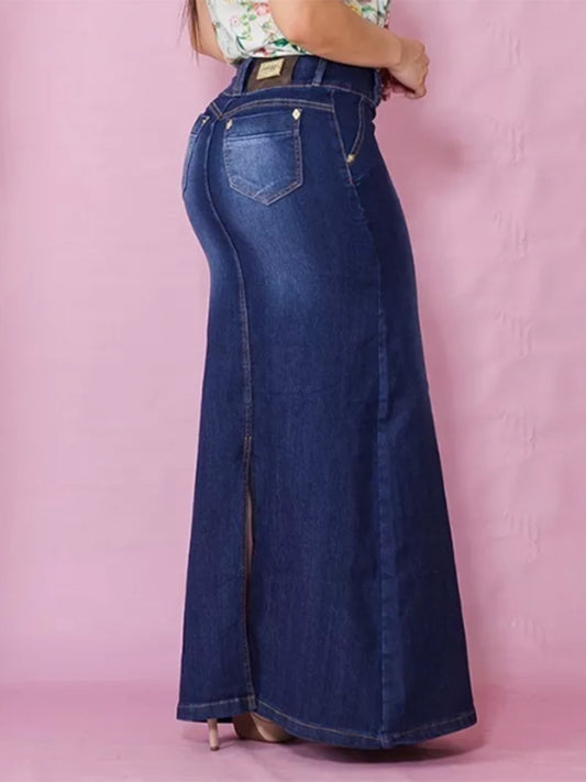 BUTTON FRONT SPLIT BACK POCKET FISHTAIL DENIM SKIRT (FINAL SALE NO RETURN OR EXCHANGES)