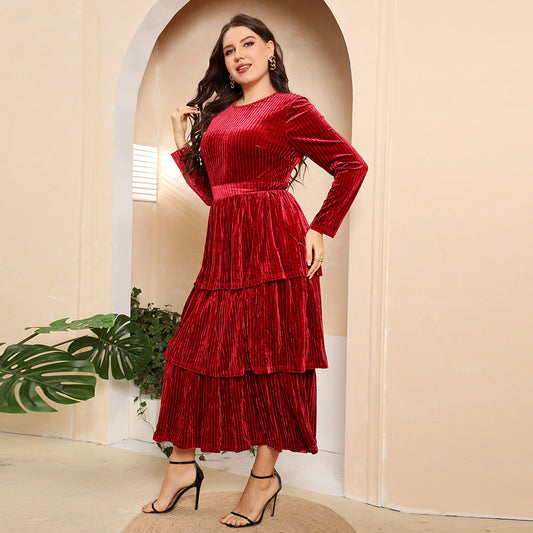 LONG SLEEVE SOLID COLOR PLEATS TIERED MAXI DRESS PLUS SIZE/ FINAL SALE NO RETURNS OR EXCHANGES