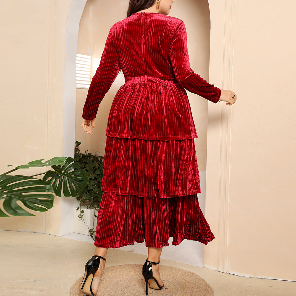 LONG SLEEVE SOLID COLOR PLEATS TIERED MAXI DRESS PLUS SIZE/ FINAL SALE NO RETURNS OR EXCHANGES