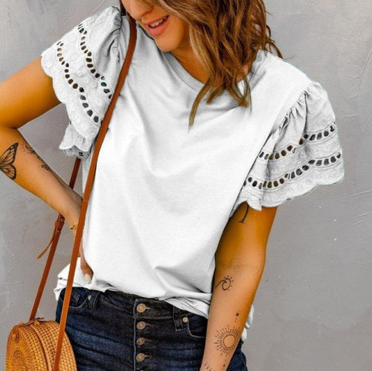 RUFFLE HEM SHORT SLEEVE HOLLOW OUT BLOUSES FINAL SALE NO RETURN OR EXCHANGES