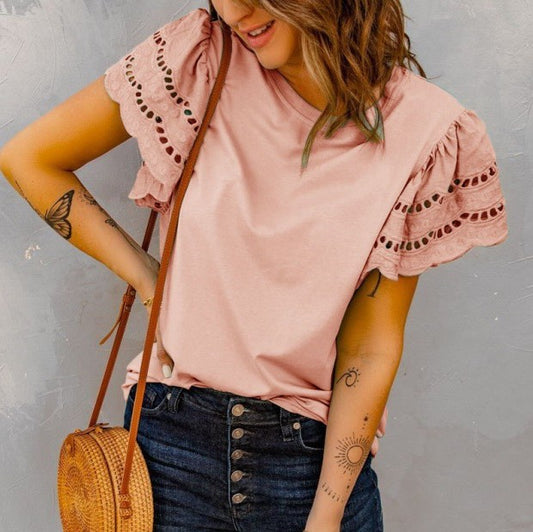 RUFFLE HEM SHORT SLEEVE HOLLOW OUT BLOUSES FINAL SALE NO RETURN OR EXCHANGES