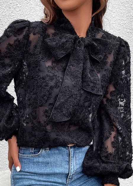 FASHION JACQUARD FLOCKED LONG-SLEEVED BOW-KNOT SHIRT FINAL SALE NO RETURNS OR EXCHANGES